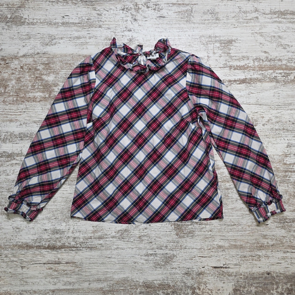 Womens J Crew Poplin Ruffle Neck Tartan Plaid Top Size Petite Small